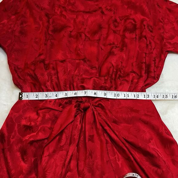 Vintage Maggy London Red Silk Floral Dress 90s Tie Front Sz 10 - Picture 9 of 11